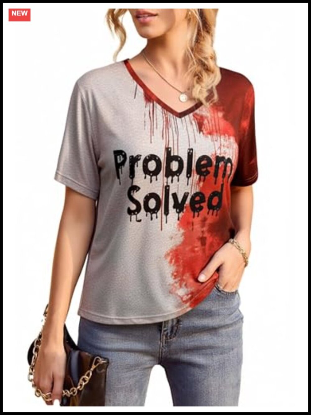 Problem Solved Bloody Shirt Funny Halloween V-Neck Blood Splatter Costume Tee